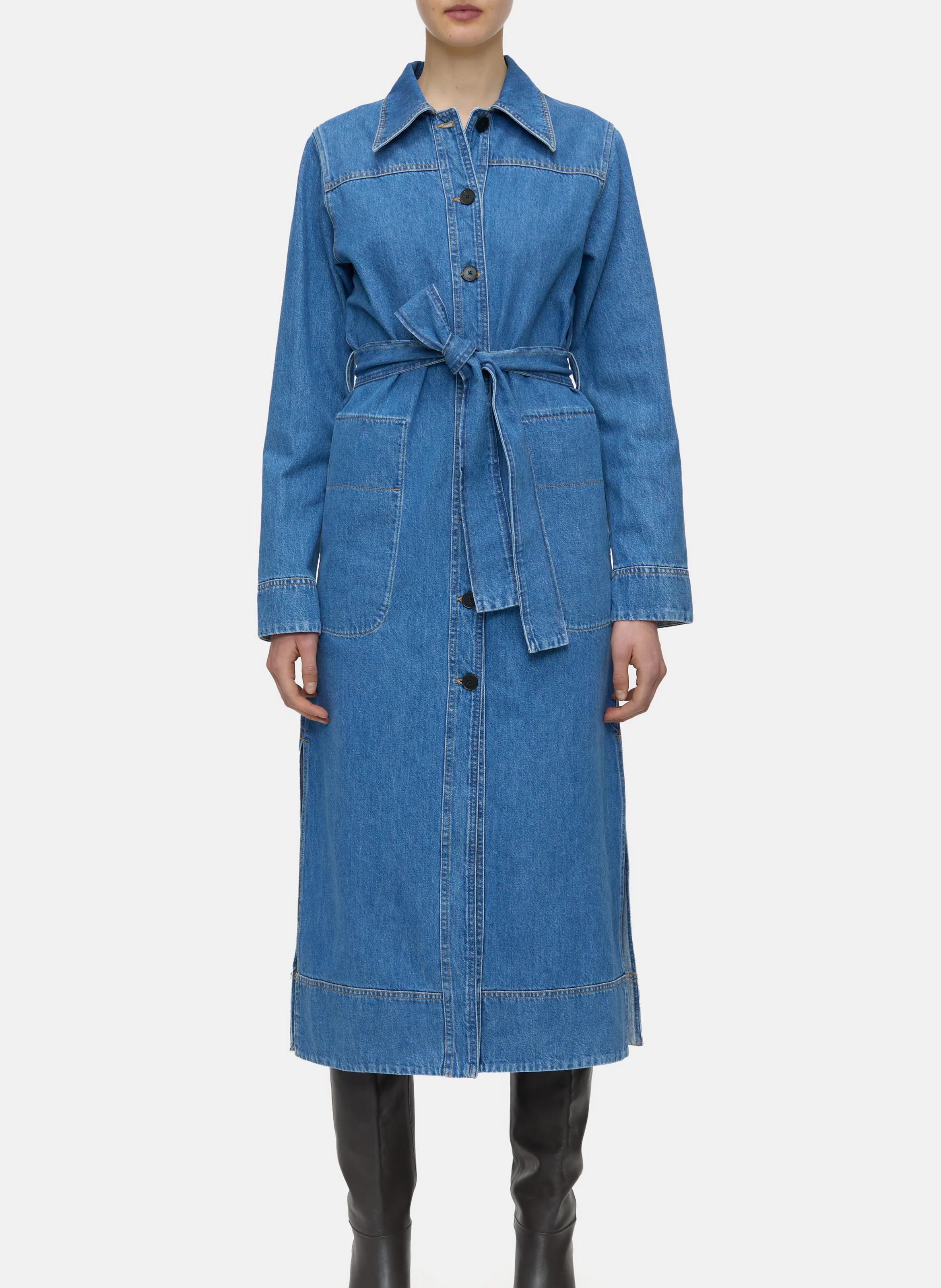 Robe longuedenim col classique en coton | Bleu