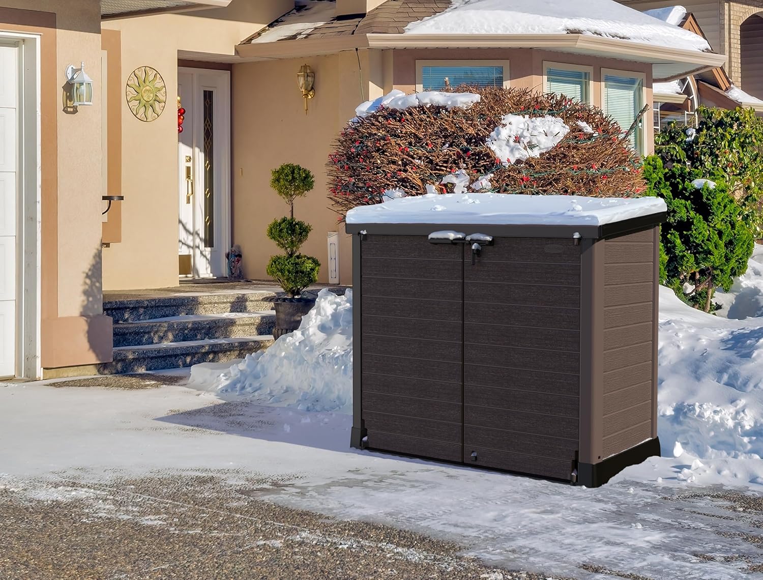 Duramax Cedargrain StoreAway 1200L Gartenhaus aus Kunststoff / flacher Deckel, Mülltonnenbox, Gartenhaus, solide Konstruktion, ideal für Werkzeuge, BBQs und 2x 240L Mülltonnen, 145x85x125 cm, Braun