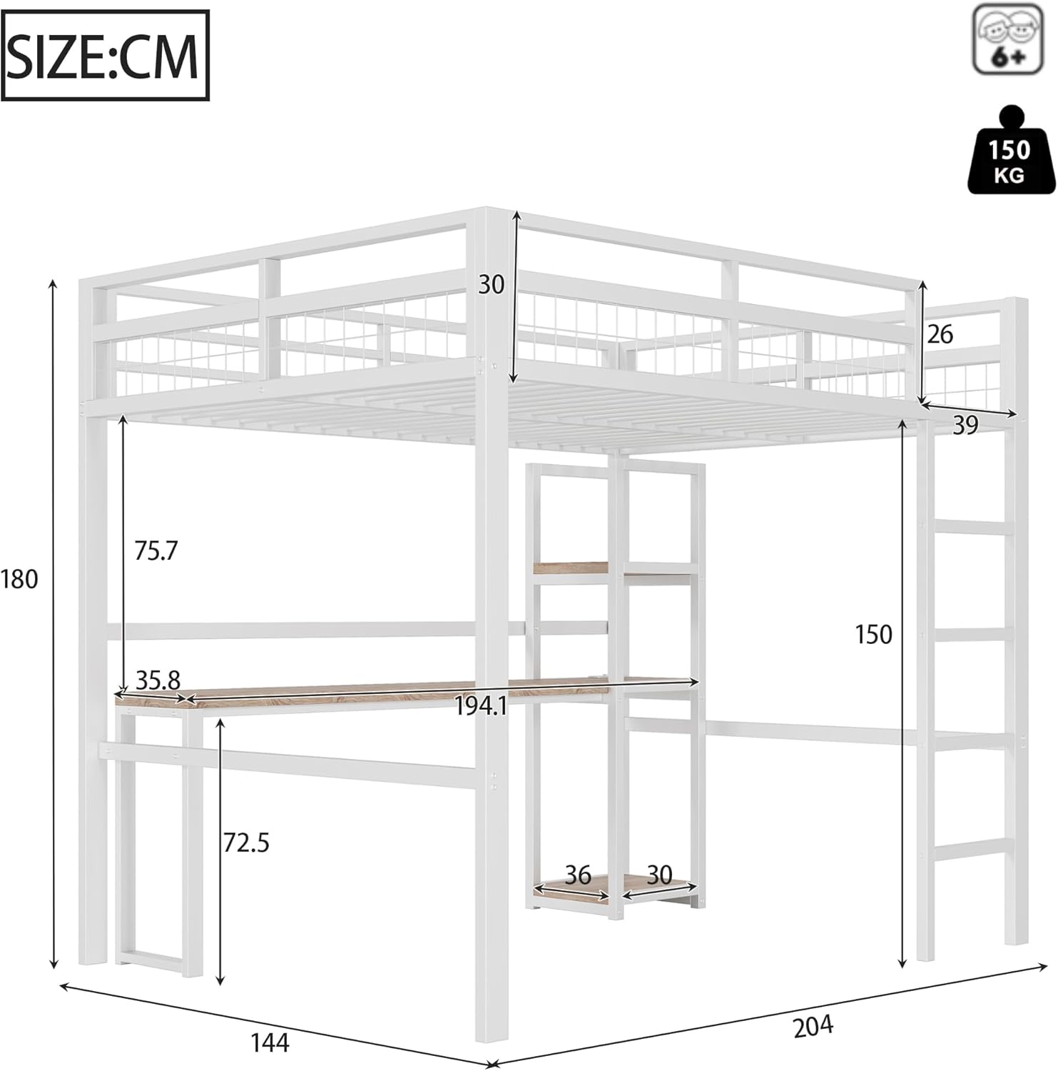 Hochbett, 140 x 200cm, Eisenrahmen, mehrere Einlegeböden, Schreibtisch mit Steckdose, mit USB Type-c, Geländer, Trittleiter, ohne Matratze, Weiß - B