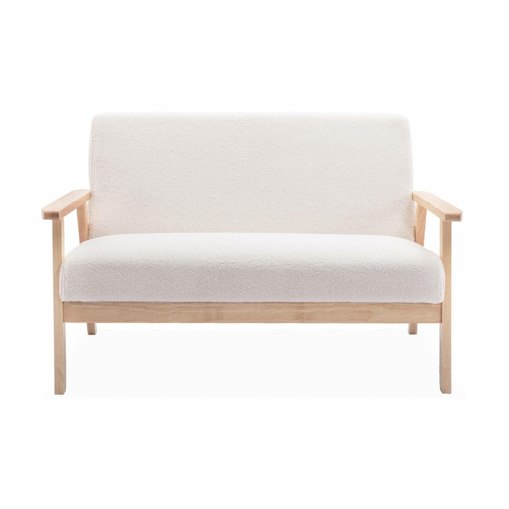 Banquette canapé en bois et tissu bouclette. Isak. L 114 x p 69.5 x h 73cm