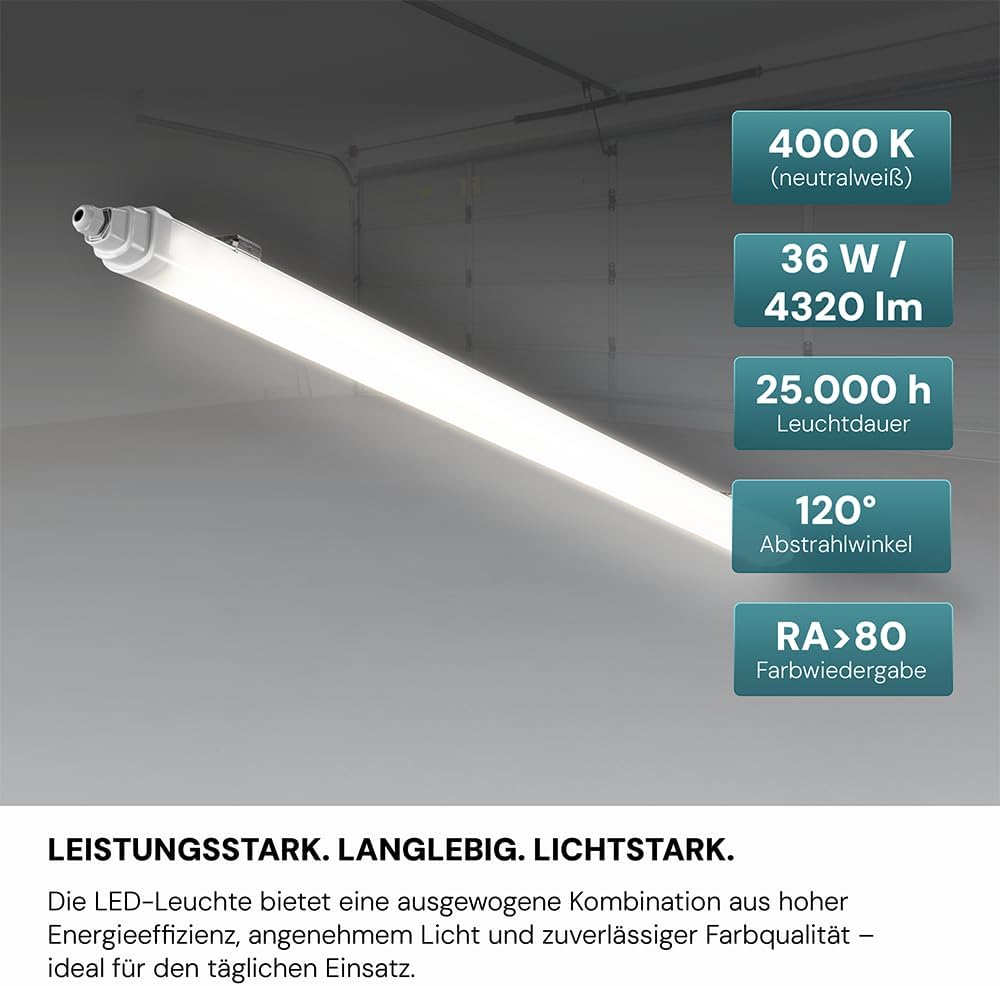 LUXULA 12x LED Feuchtraumleuchte 120cm Wannenleuchte 36W 4000K Neutralweiß 4320lm - Verknüpfbar - IP65 Wasserdicht - LED Werkstattlampe flach Kellerlampe Garagenlampe - Reihenschaltung