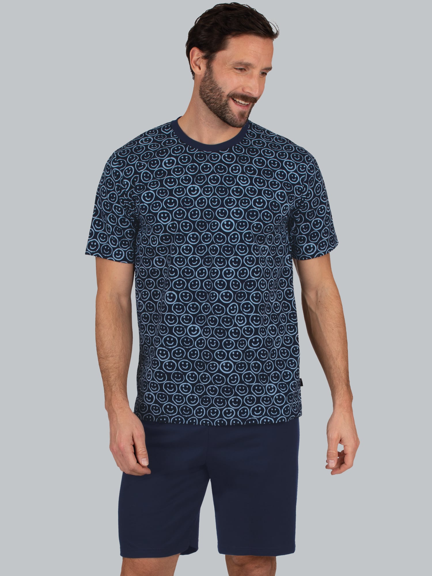 Kurzer Schlafanzug mit Smiley-Motiv Navy