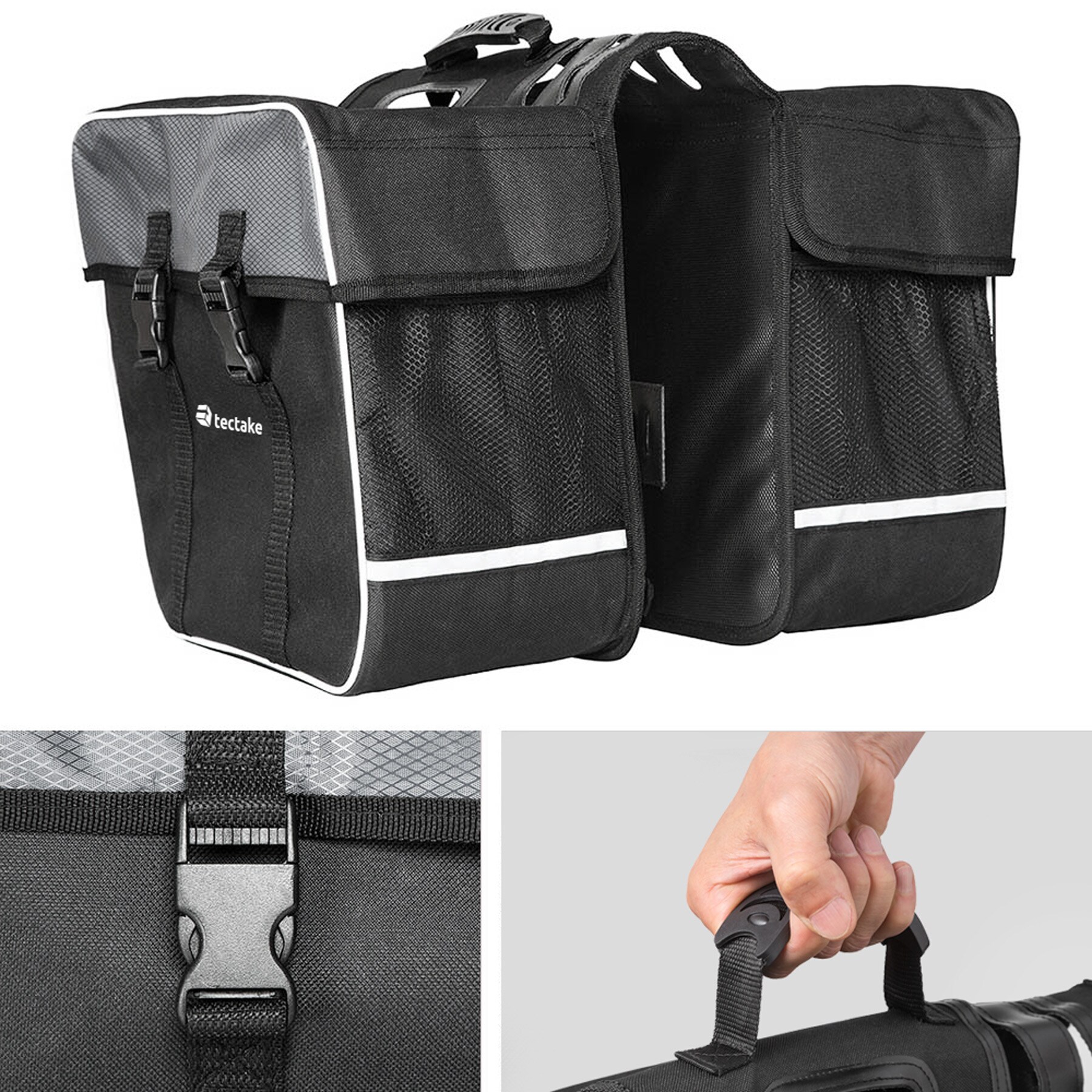 tectake® Fahrradtasche, für den Gepäckträger, mit Schnallenverschluss, Tragegriff und Reflektorstreifen, 34 x 17 x 30 cm