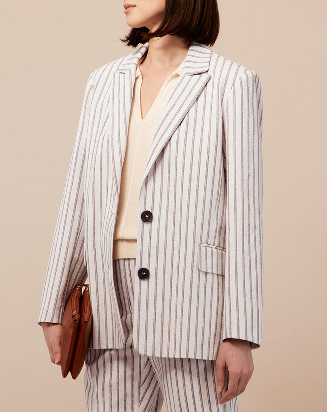 Jodhpur Veste blazer en Coton & Lin Alpha Fantaisie rayée écru/bleu