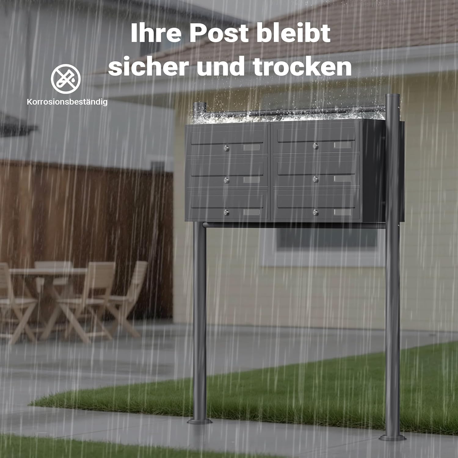 Wiltec 6er Briefkastenanlage Anthrazit 945 x 270 x 1200 mm, Standbriefkasten mit 2x3 Fächern, Schlüssel und Namensschild, Briefkasten Postkasten mit Ständer