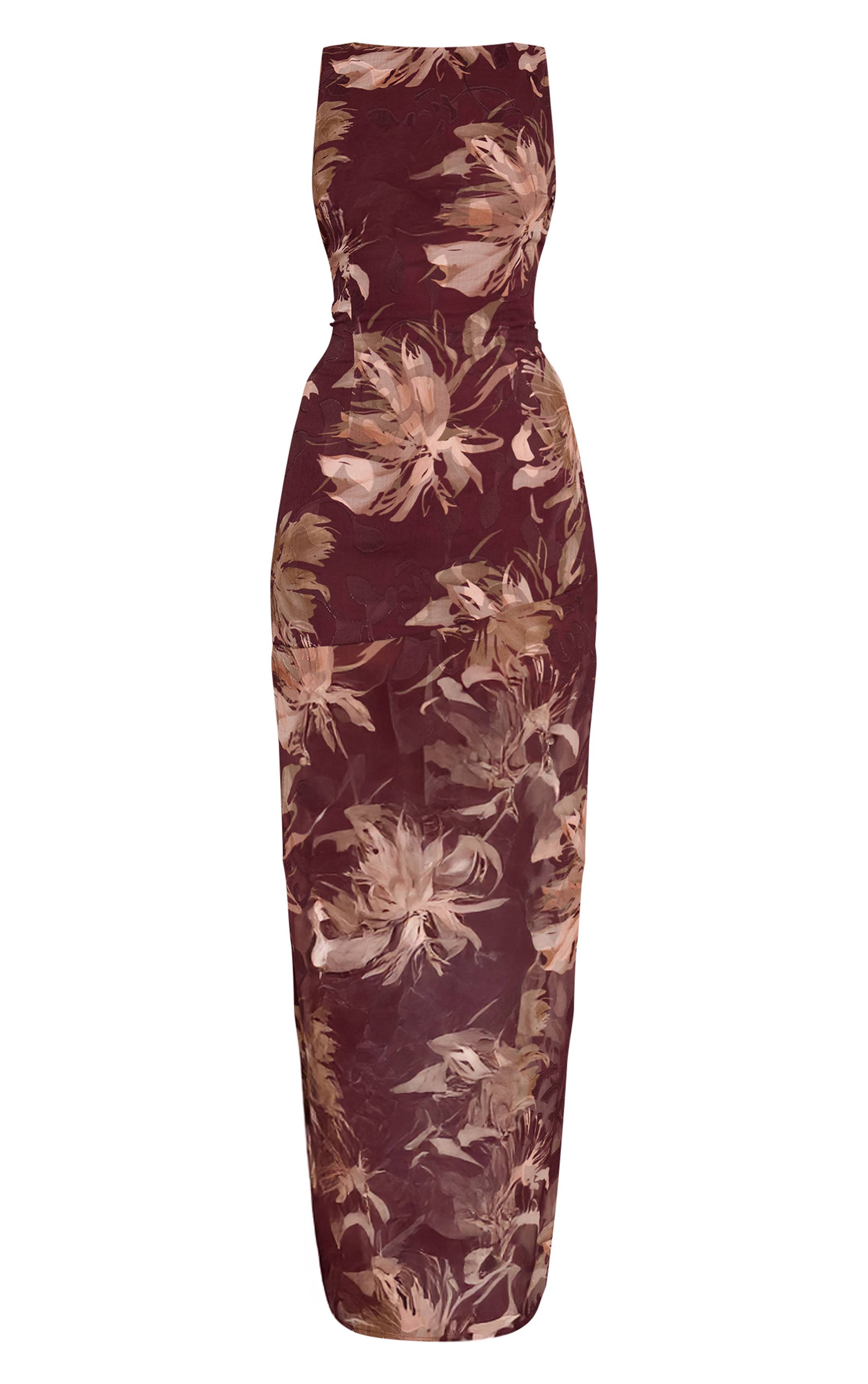 Rouge Bordeaux Robe Longue En Mousseline Dévorée Florale Avec Dos Drapé