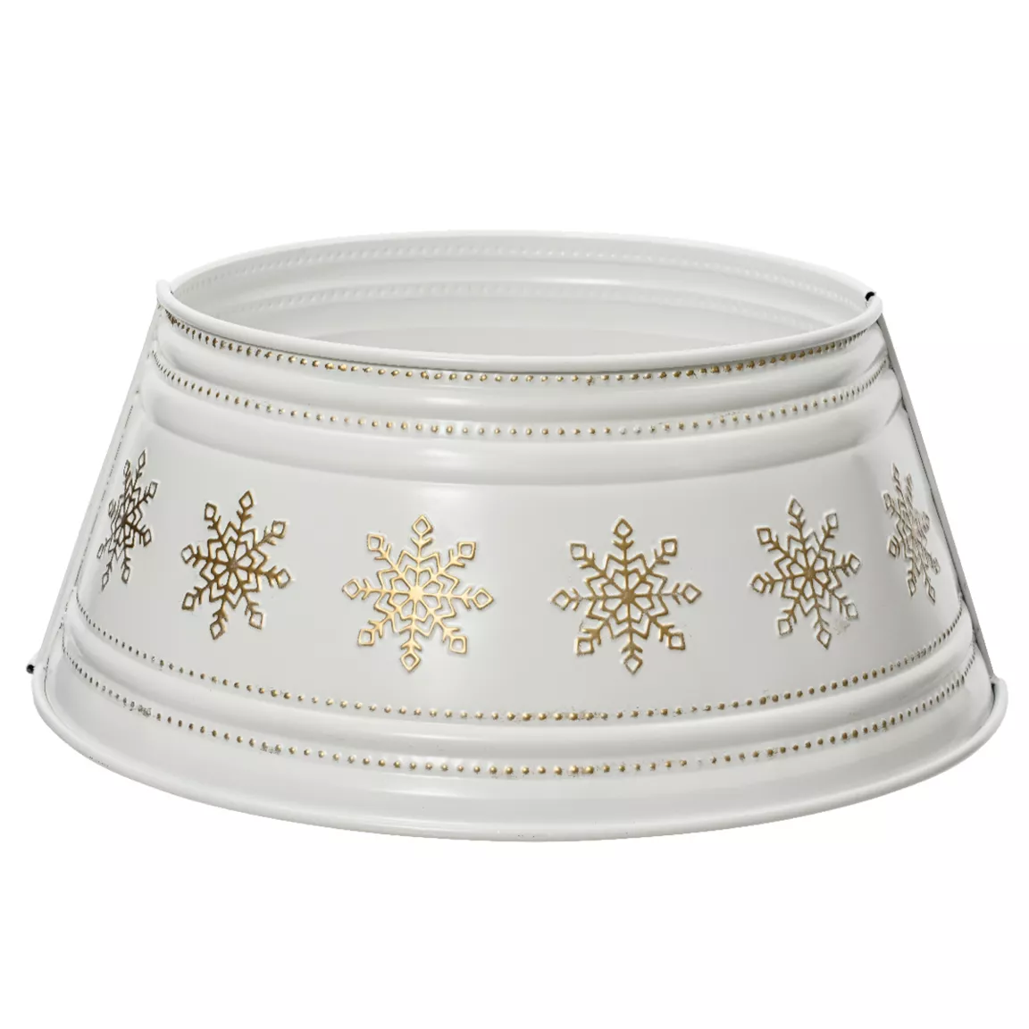 Cache pied de sapin en métal (D57 cm) Blanc et Flocons dorés