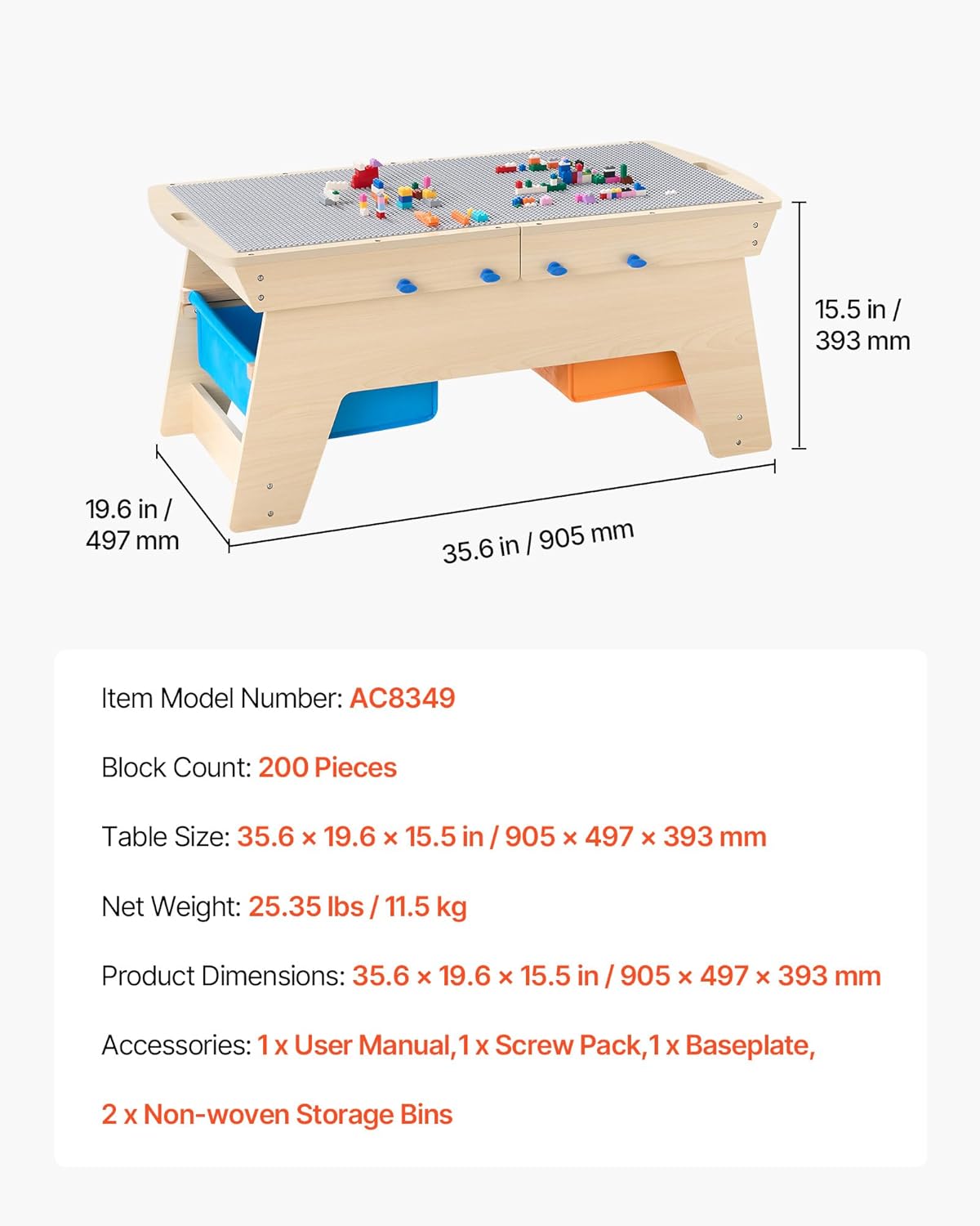 VEVOR Kindertisch 905 x 497 x 393 mm, Aktivitätstisch aus Holz, Mehrzweck-Spieltisch mit 200 Bausteinen und 3 Aufbewahrungsbehältern, Bausteintisch, Geschenk für Kinder ab 3 Jahren, Holzfarbe