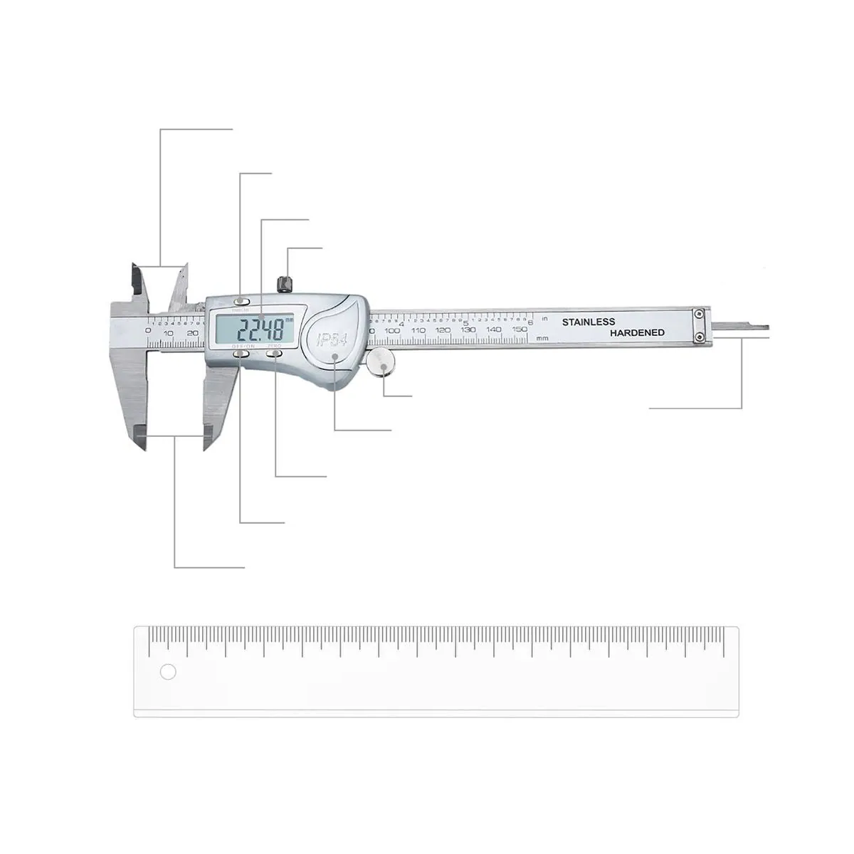 Digital Caliper 150mm/6 tommer IPX54 vanntett (sølv)