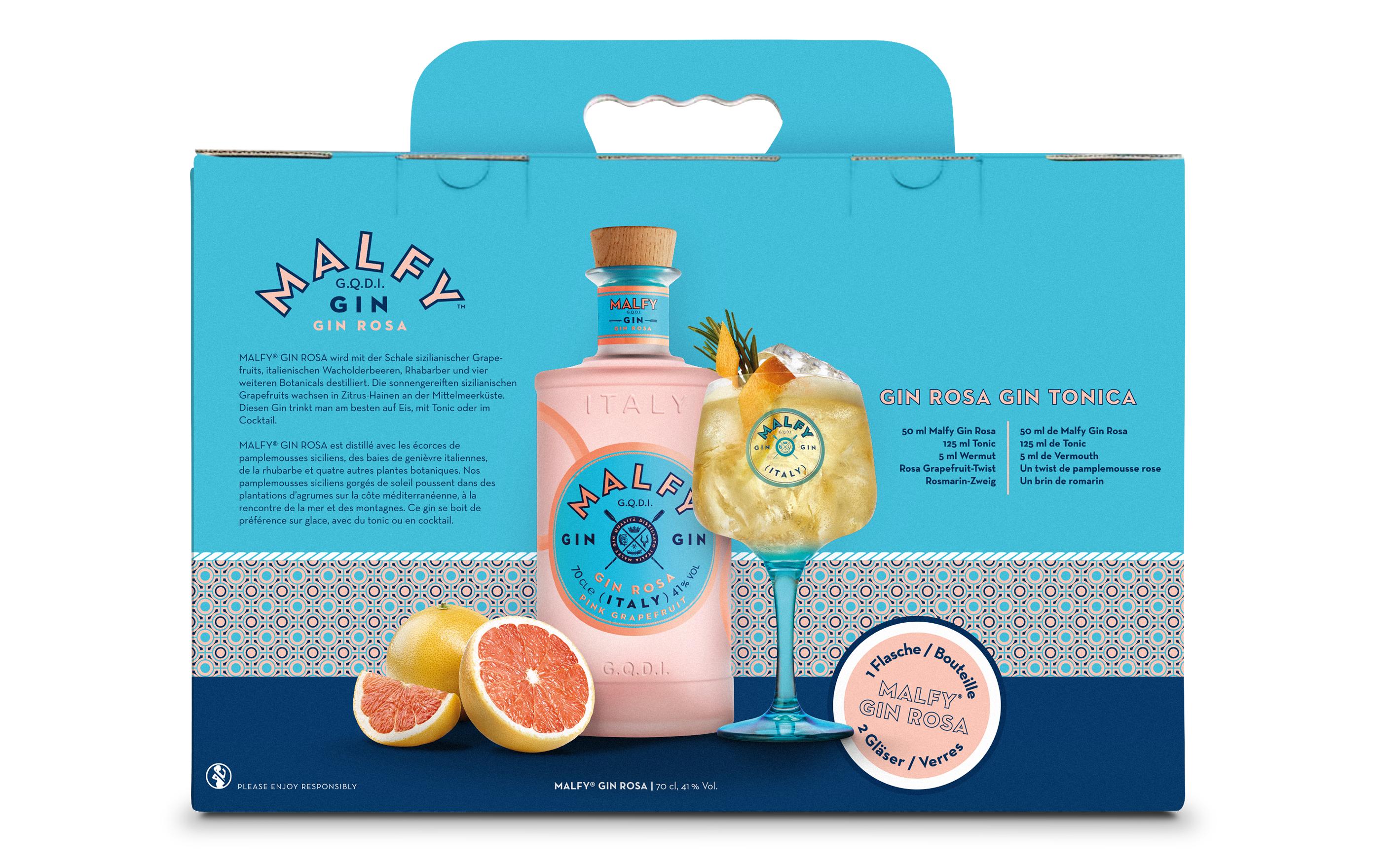 Geschenkset Gin Rosa 0.7 l & 2 GläserGeschenkbox mit fruchtiger Spirituosen Spezialität aus Italien und zwei Gläsern