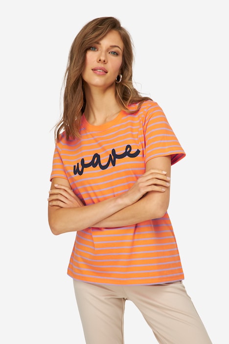 T-Shirt, Ringel, Statement Stickerei, Rundhals, Halbarm, OEKO-TEX
