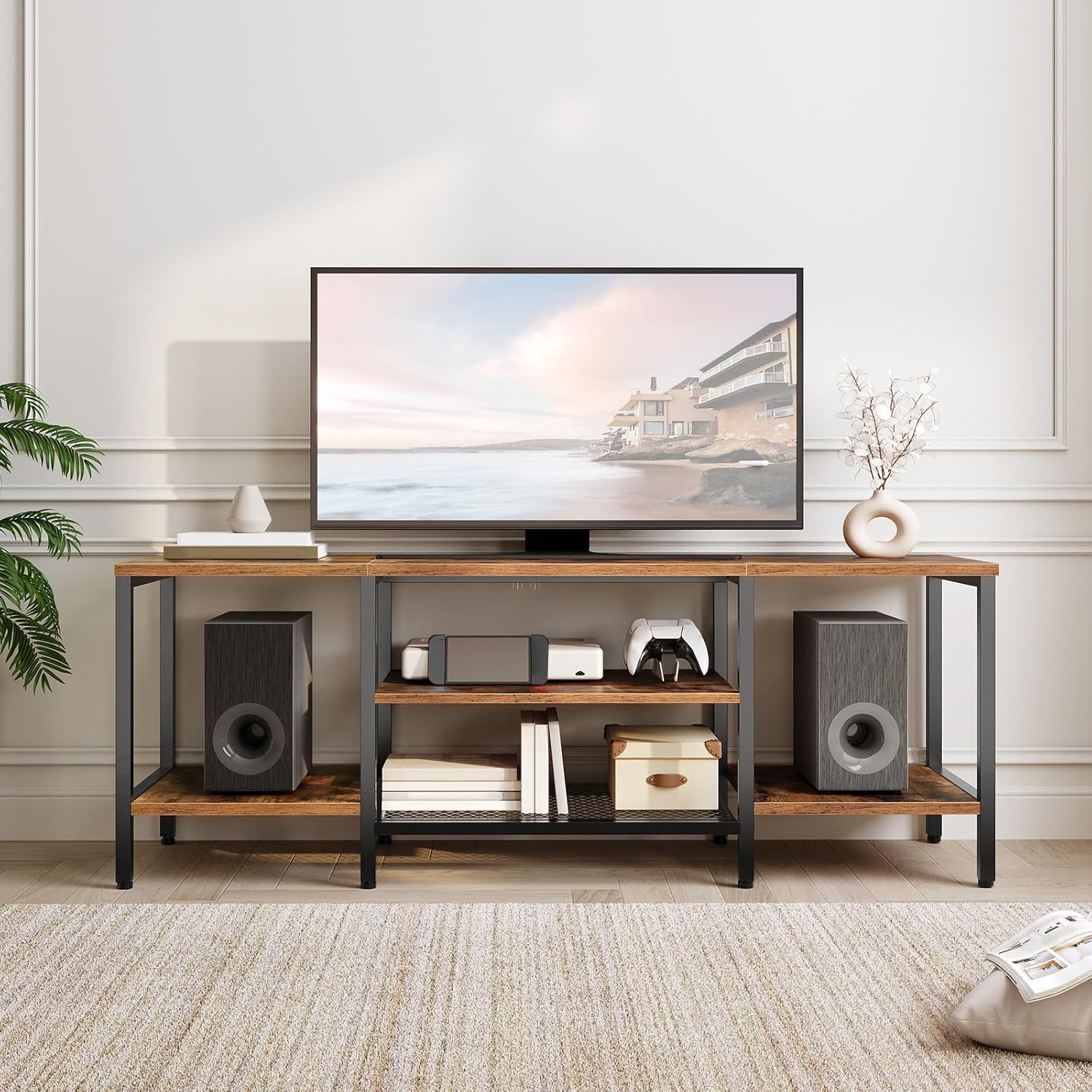 HOOBRO TV-Schrank, Fernsehtisch, TV-Regal, TV-Lowboard mit 3 Ebenen Offenen Fächern, Multifunktionaler Fernsehschrank, für Fernseher bis zu 65 Zoll,für Wohnzimmer, Retro-Braun und Schwarz EBF58DS01