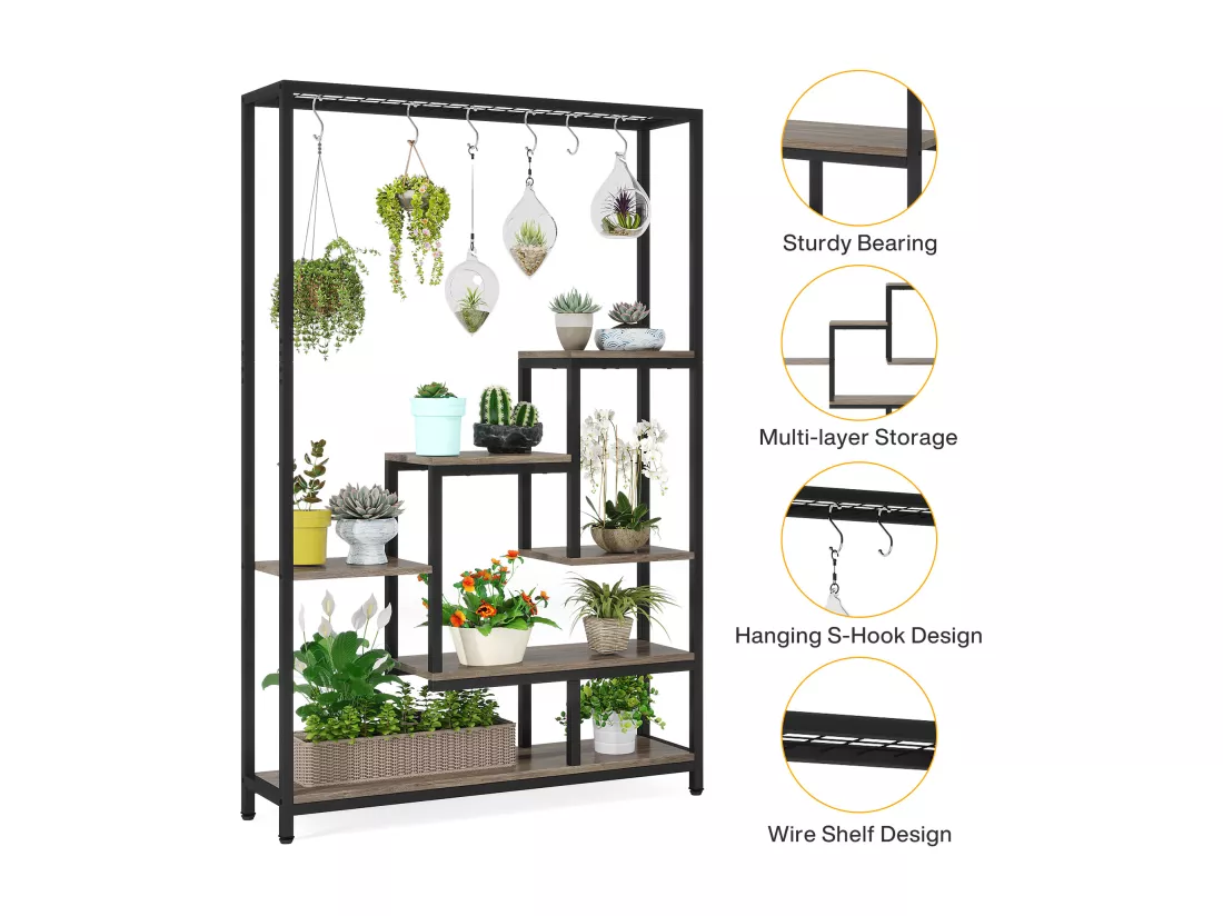 Tribesigns Support pour plantes d'intérieur à 5 niveaux - Étagère en métal de 180,1 cm avec 10 crochets de suspension en S - Pour intérieur, jardin, balcon, salon - Noir et Gris