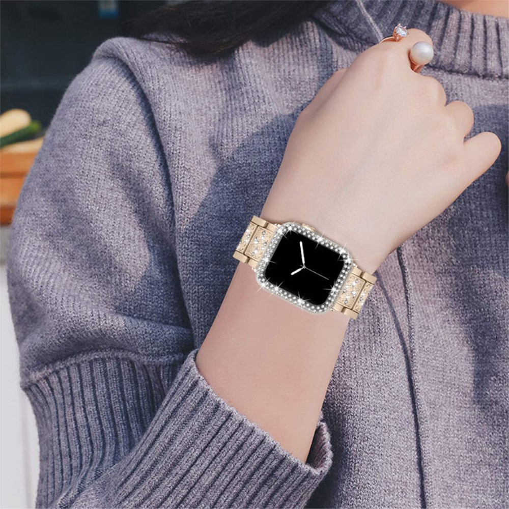 Apple Watch Series 7 (41 mm) Glitzer Edelstahl Armband mit Bumper Hülle - Gold