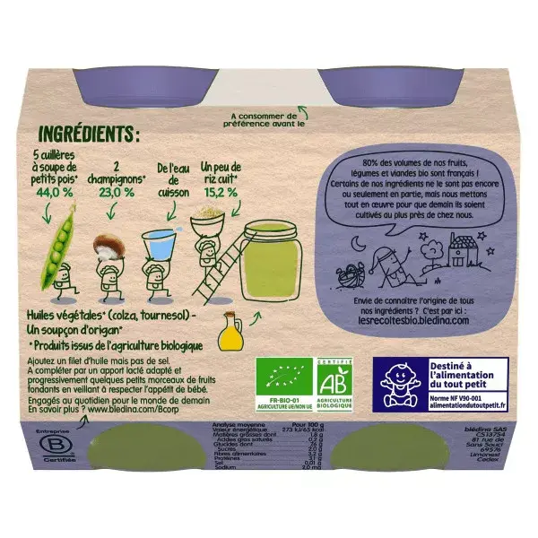 Blédina Colheitas Orgânicas Ervilhas, Cogumelos e Arroz Pote +8m 2 x 200g