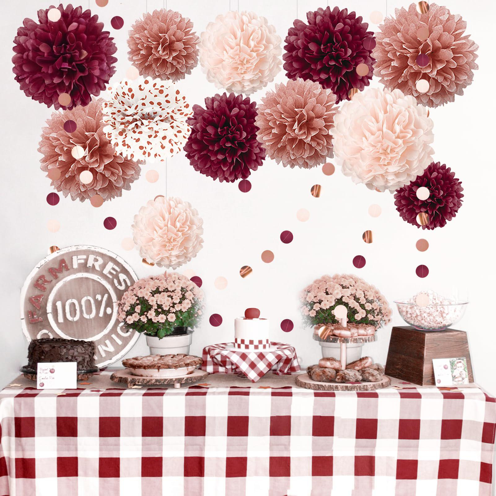 (15-tlg. Set) Papier Pompon's Deko Kreis Girlande Party / Geburtstag / Hochzeit - Roségold / Rosa / Bordeux