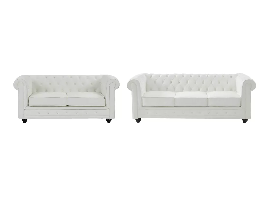 Canapés 3 places et 2 places en simili blanc CHESTERFIELD