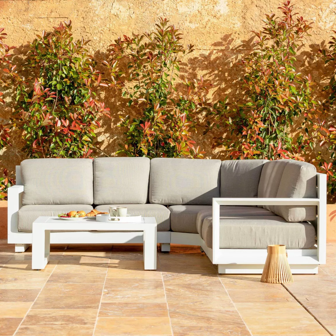 Salon de jardin d'angle aluminium 5 places Elba Blanc et taupe