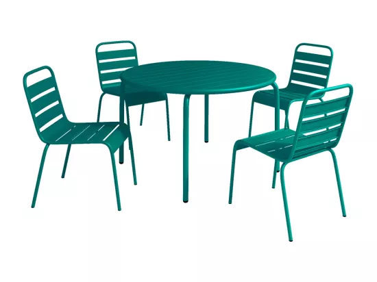 Salle à manger de jardin en métal - une table D.110 cm et 4 chaises empilables - Bleu canard - MIRMANDE de MYLIA