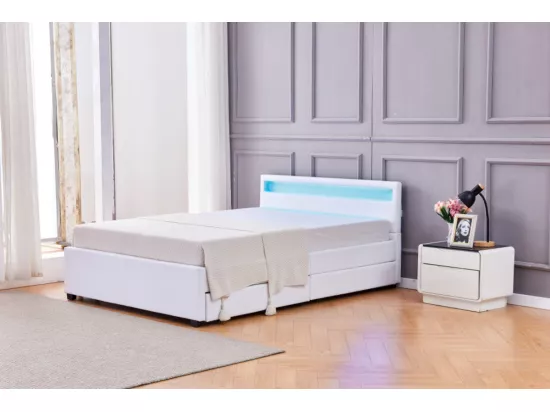 Lit adulte 140x190 cm tiroirs et led blanc sommier inclus