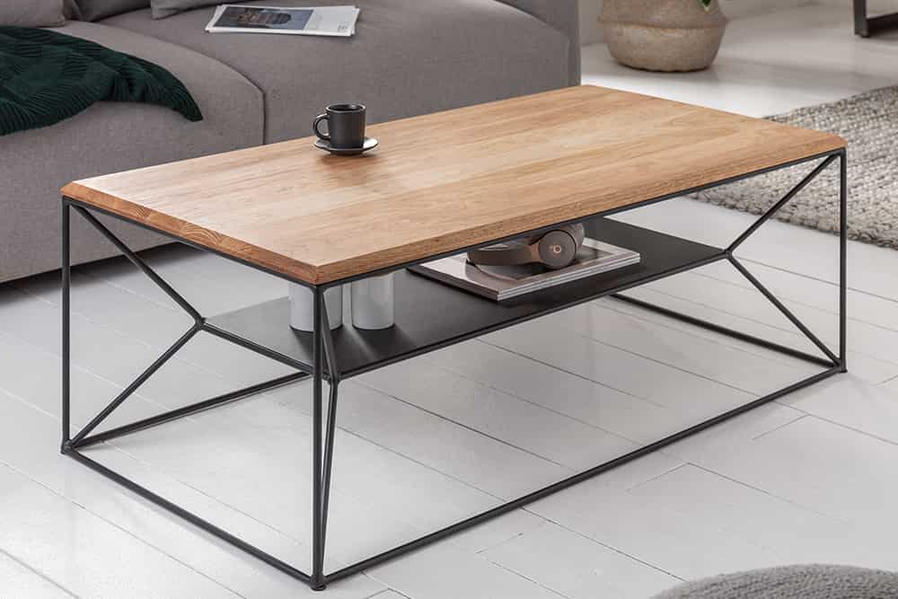 Massivholz Couchtisch ARCHITECTURE 110cm Eiche geölt schwarzes Metallgestell mit Ablage
