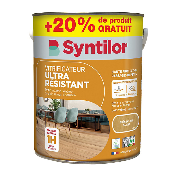 Vitrificateur ultra résistant Syntilor chêne clair satiné 5L + 20% gratuit