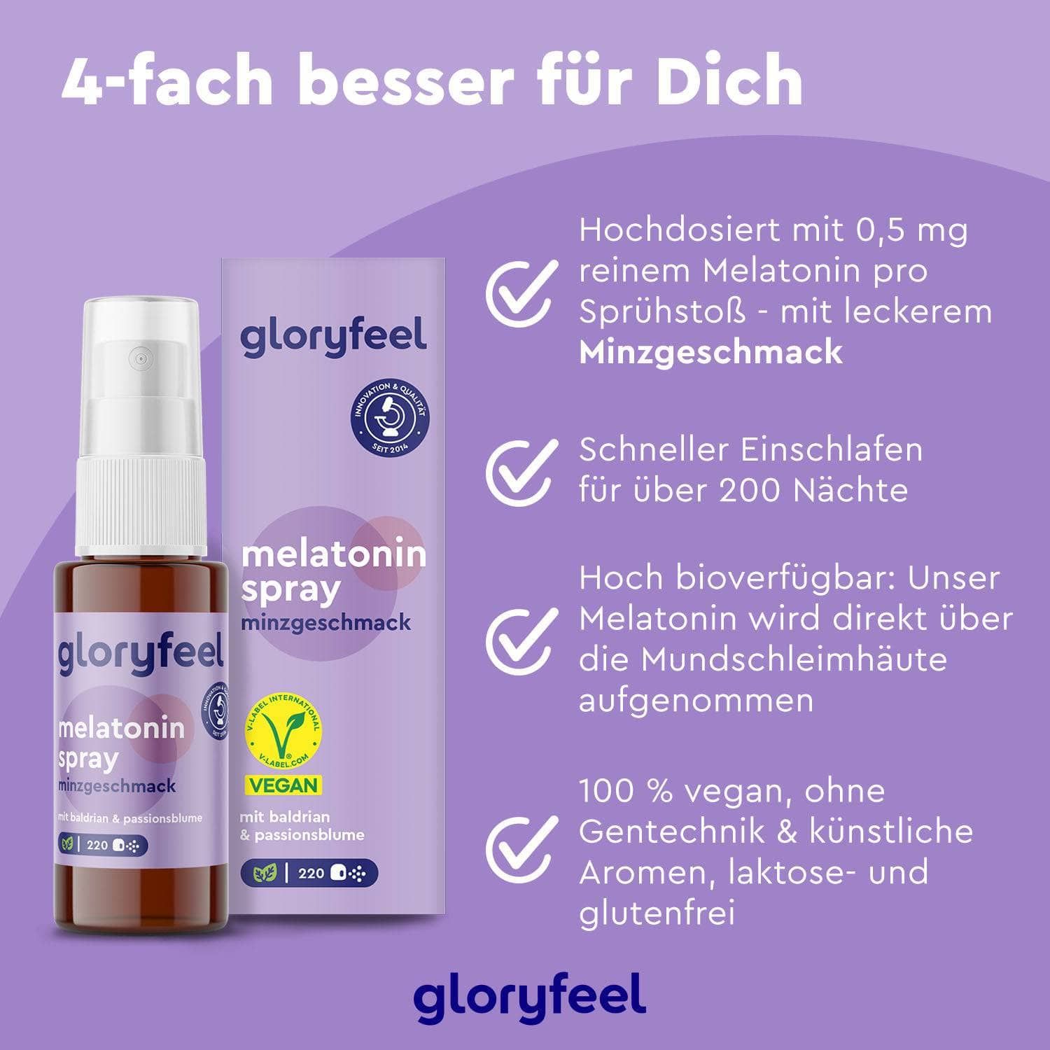 gloryfeel® Melatonin + Baldrian, Lavendel + Melissen Extrakt Spray Minze