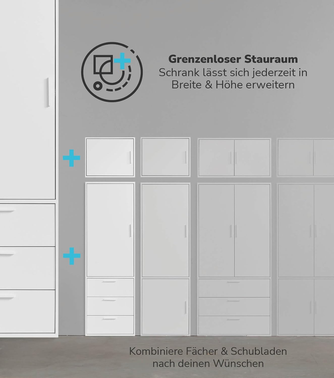 mokebo Kleiderschrank 234cm Höhe in Weiß 2-türig & 3 Schubladen 'Der Grenzenlose', deckenhoher Schlafzimmerschrank, Garderobenschrank, Drehtürenschrank o. Schrank Holz in 90x234x58 (BxHxT)