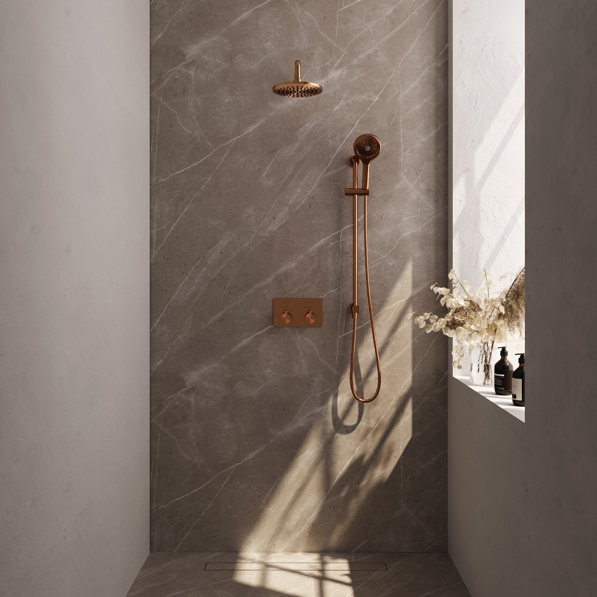 Brauer Copper Edition thermostatische inbouw regendouche met 3 standen handdouche, gebogen muurarm, glijstang en hoofddouche 20cm set 69 koper geborsteld PVD