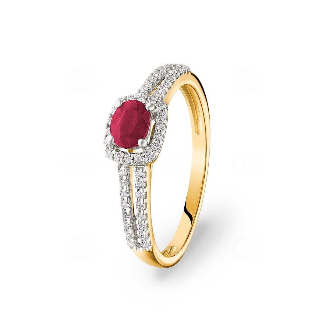 Damenring 750/18 K Gelbgold mit Rubin oval und Diamanten 0.20 ct H/si