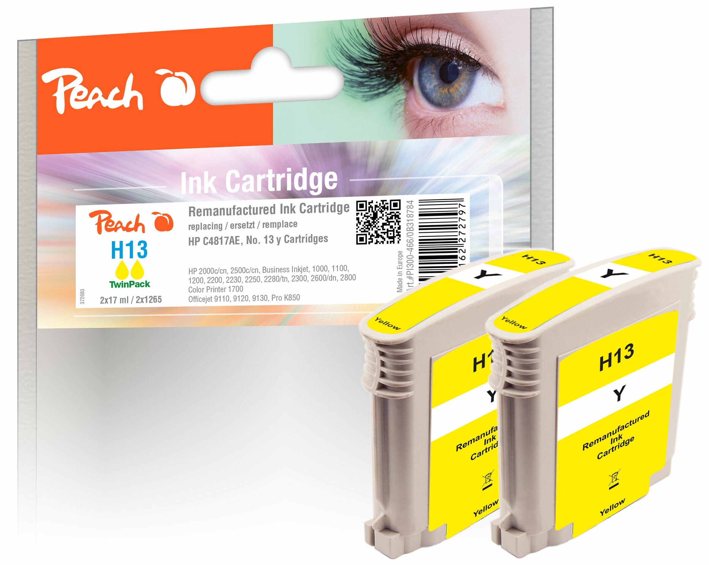 Peach HP 13 y 2 Druckerpatronen 2*ye ersetzt HP No. 13 y*2, C4817AE*2 für z.B. HP Business InkJet 1000, HP OfficeJet Pro K 850 (wiederaufbereitet)