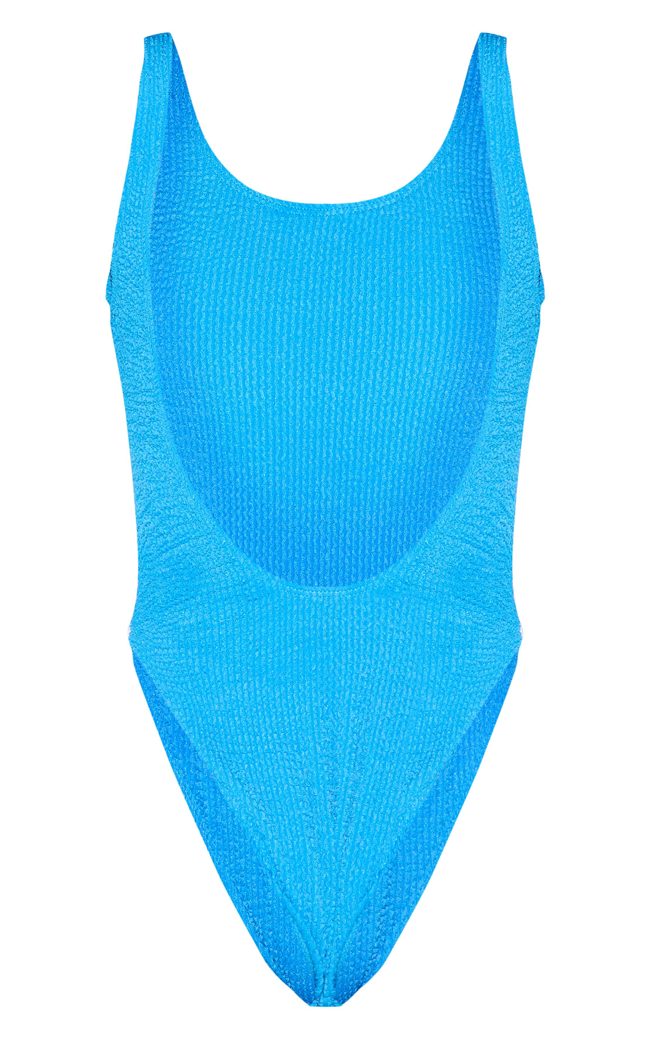 Bleu Maillot De Bain Échancré Dos Plongeant En Tissu Gaufré