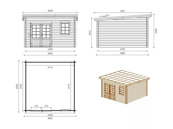Abri de jardin en bois - 16m2 - 4x4m - Traité - Ep. 40mm - Couleur: vert - DOM716 - ALTANKA