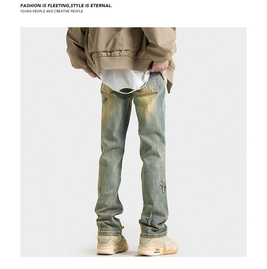 FOEV - Mid Rise Cross Applique Washed Loose Fit Jeans