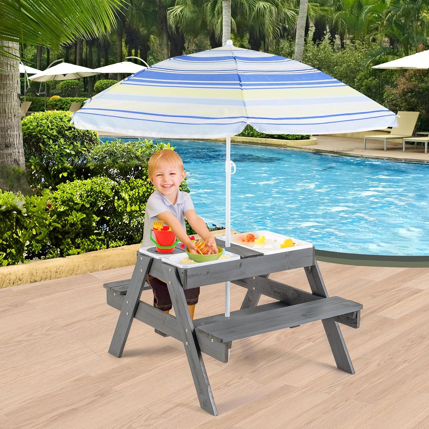 COSTWAY Kindersitzgruppe Outdoor, 2 in 1 Kindersitzgarnitur mit Sonnenschirm und 3 abnehmbaren Behältern für Sand & Wasser, Kinder Picknicktisch, Spieltisch, Gartenmöbel für Garten, Hinterhof