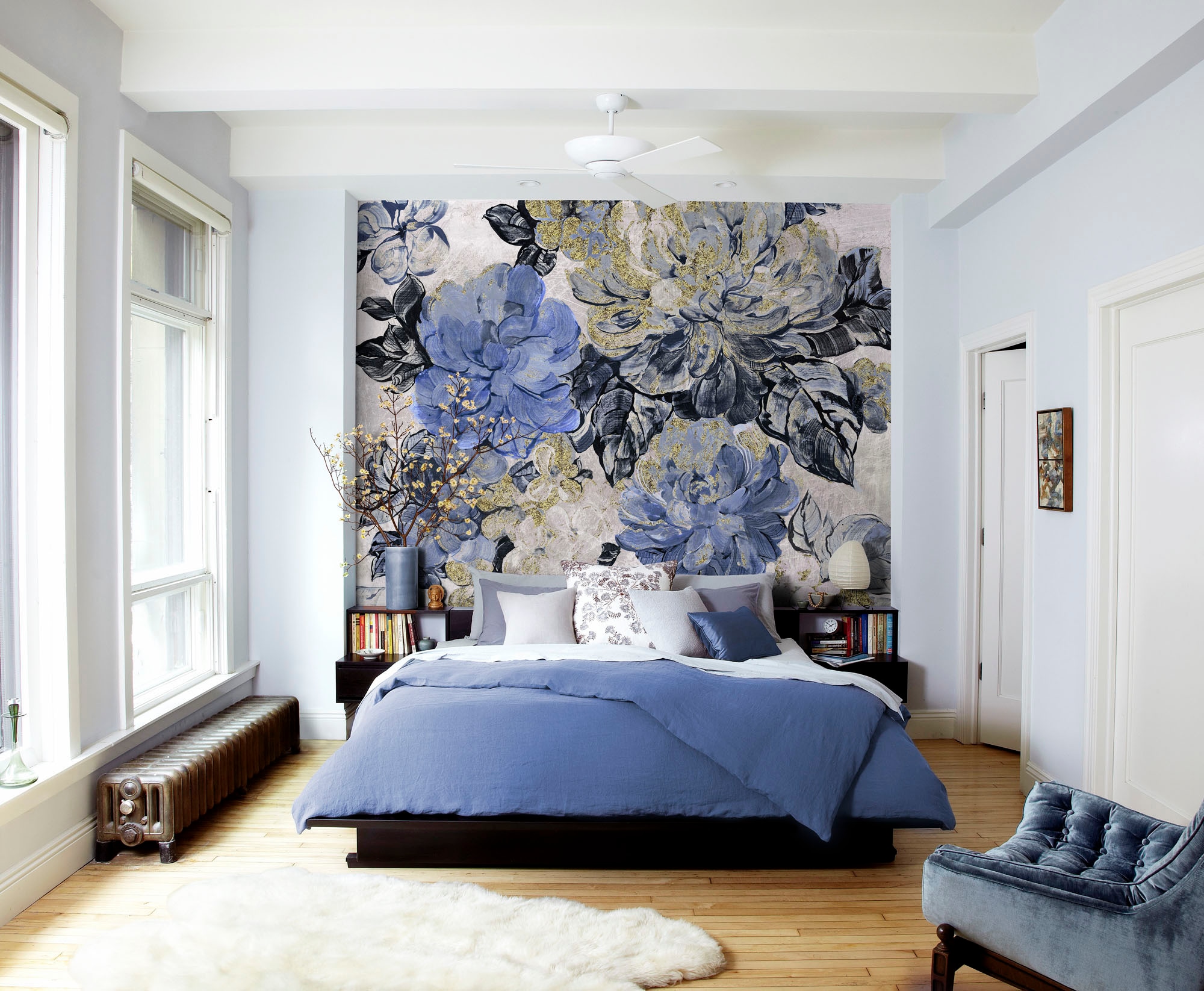 Komar Fototapete »Digitaldruck Vlies -  Vintage blue Garden - Grösse 300 x 250 cm« bedruckt glatt Wohnzimmer, Schlafzimmer