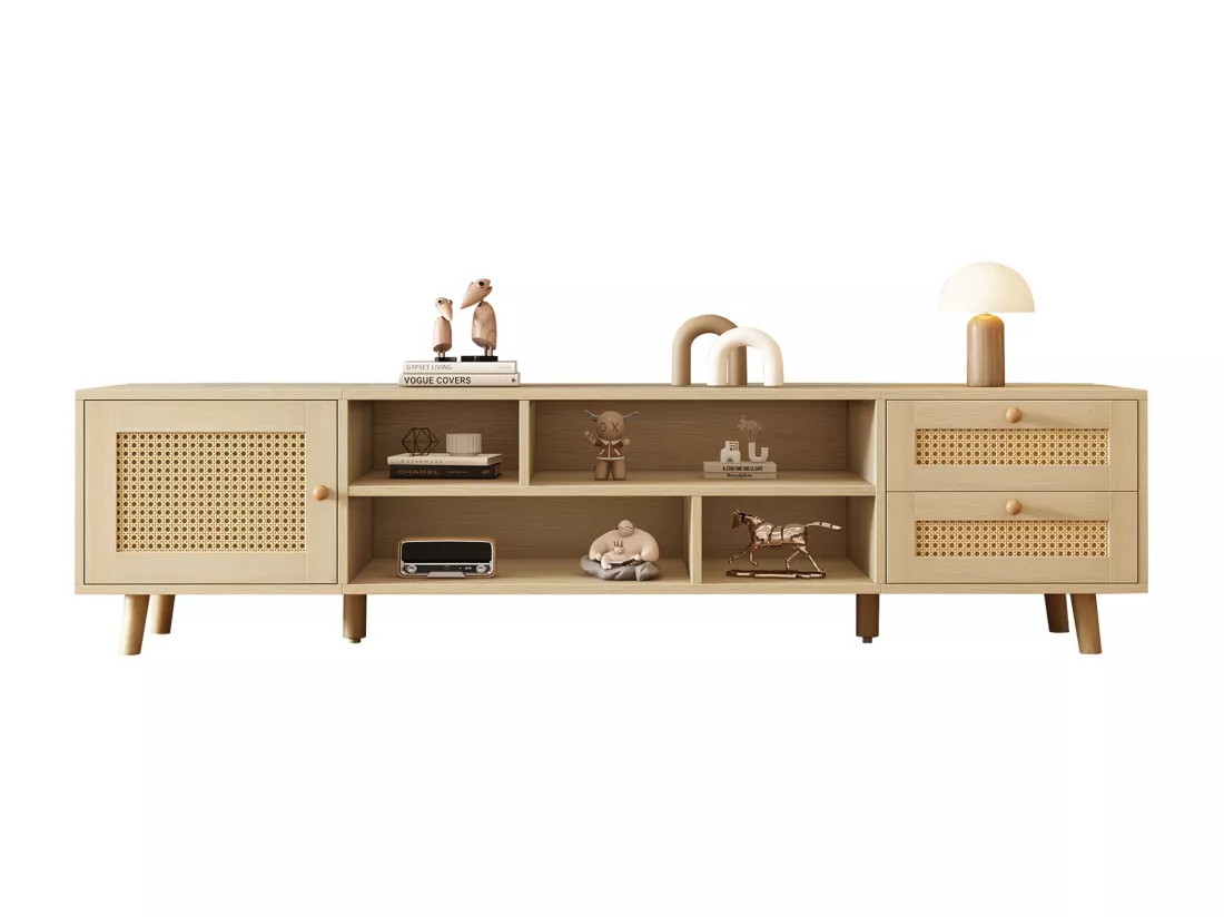 Meuble TV, Banc TV 160 cm avec 2 tiroirs, 1 porte & 4 compartiments, Pour les TV jusqu'à 70
