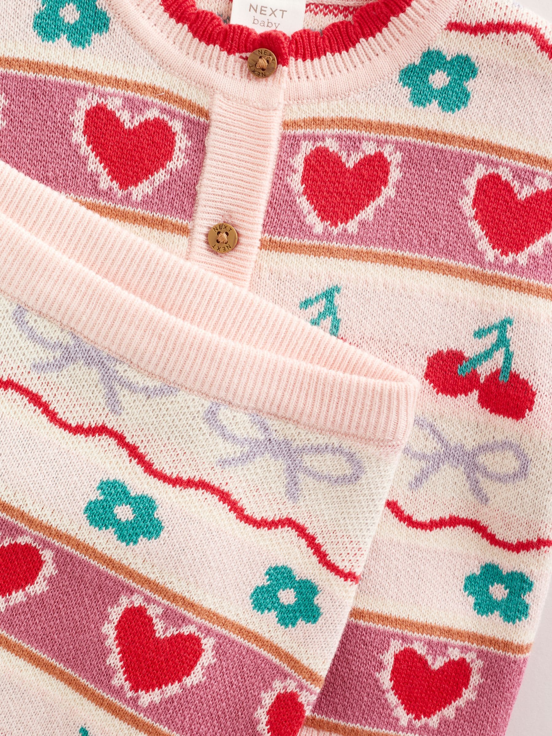 Rood/roze kersen - 2 -delige gebreide baby set met vest en legging (0mnd -3jr)