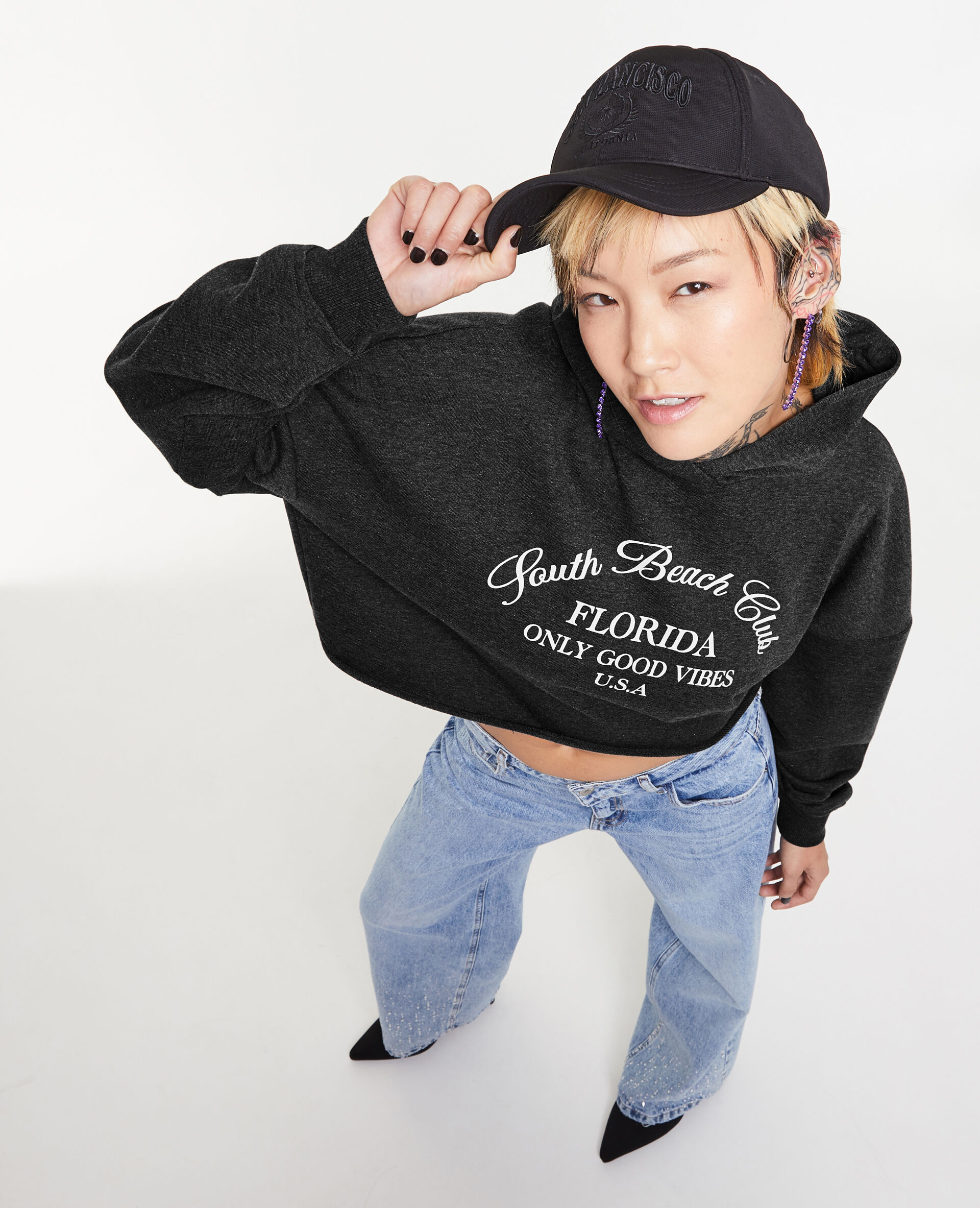 Sweat cropped avec capuche - Gris foncé