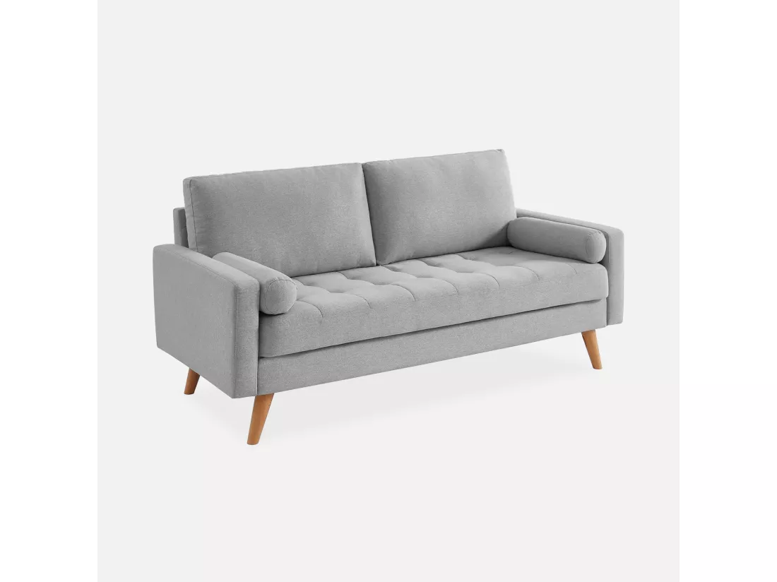 Canapé en tissu gris clair. 3 places scandinave fixe. droit. pieds bois