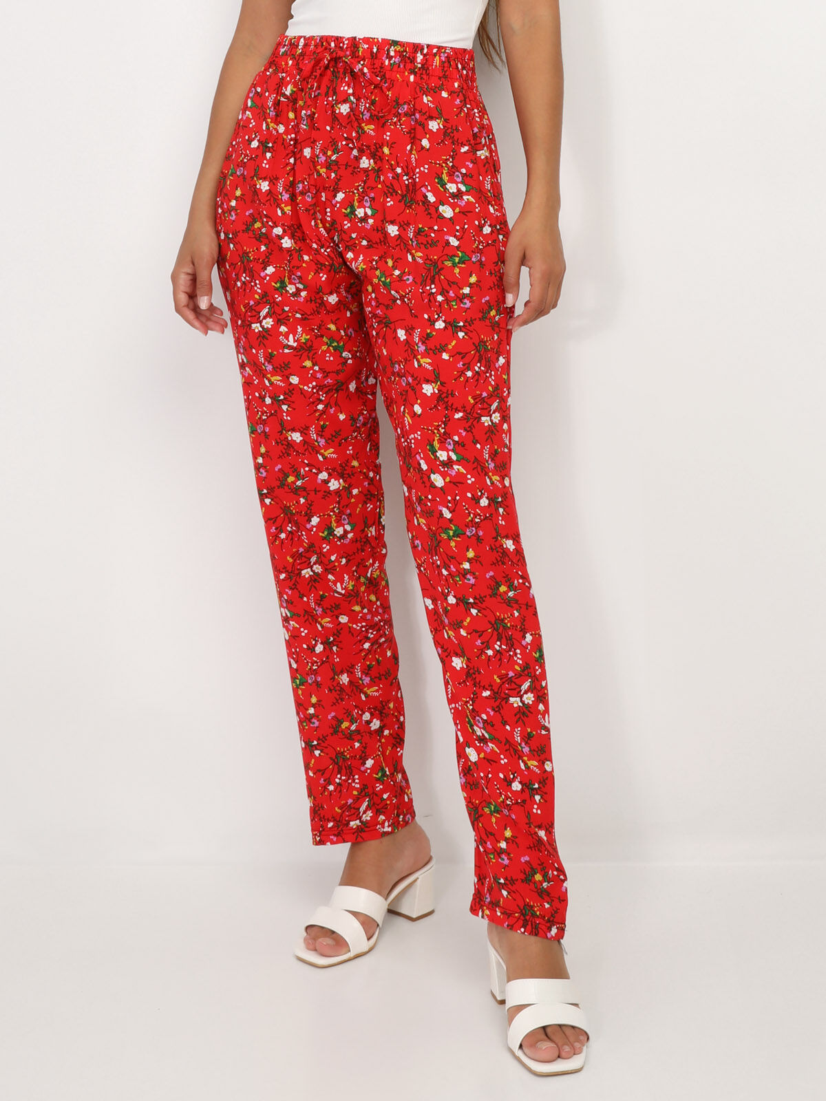 Pantalon léger à motif fleurs- Rouge