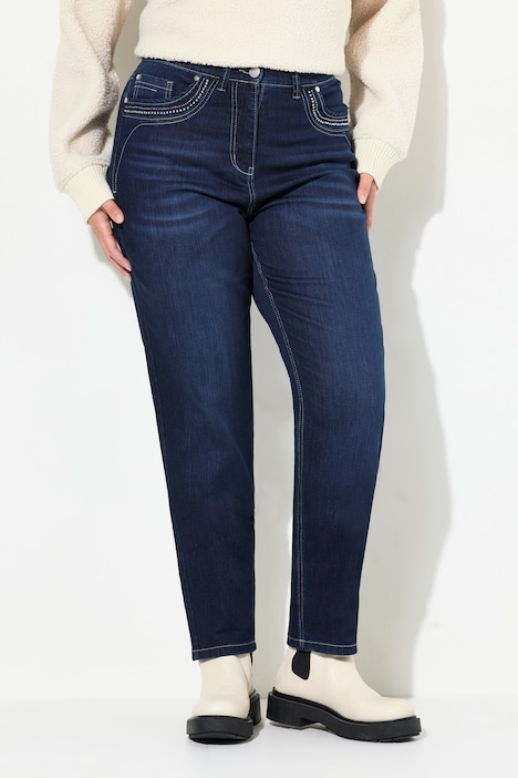 Mom-Jeans, weites Bein, Ziernieten, Komfortbund