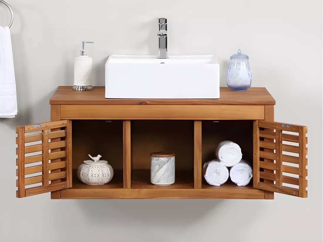 Meuble de salle de bain suspendu en bois d'acacia avec simple vasque - 90 cm - PENEBEL