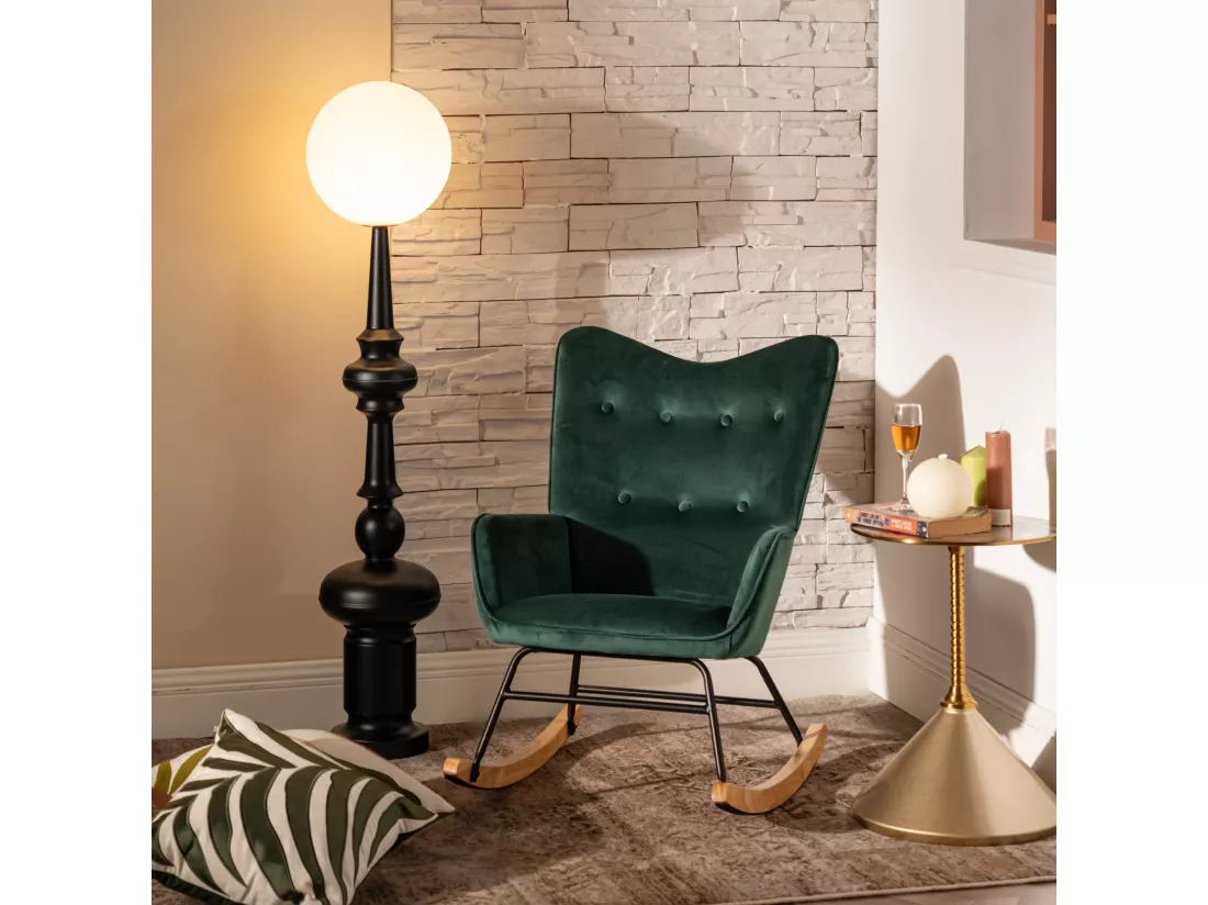 URBAN MEUBLE Fauteuil à bascule Scandinave velours vert pieds en bois foncé EPPING SMALL VELVET GREEN