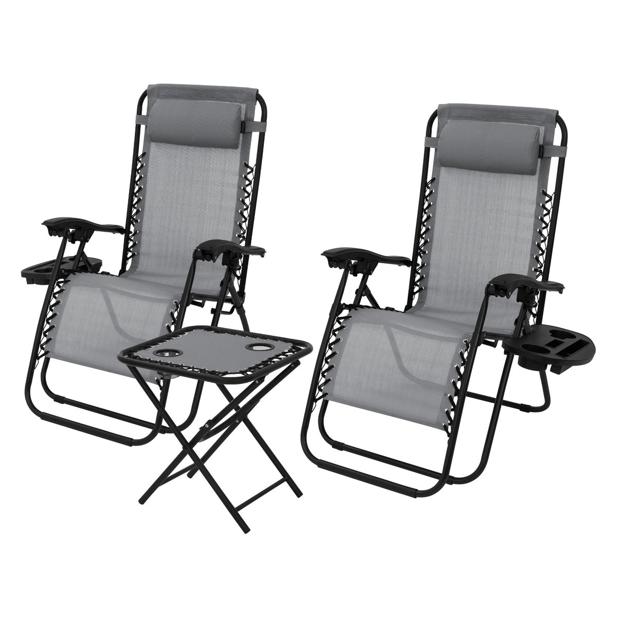 ML-Design 3-delige opvouwbare ligstoelset, tuinligstoelset met tafel, grijs, ligstoel met verstelbare hoofdsteun en rugleuning, weerbestendig/buiten, relaxstoel voor in de tuin met bekerhouder