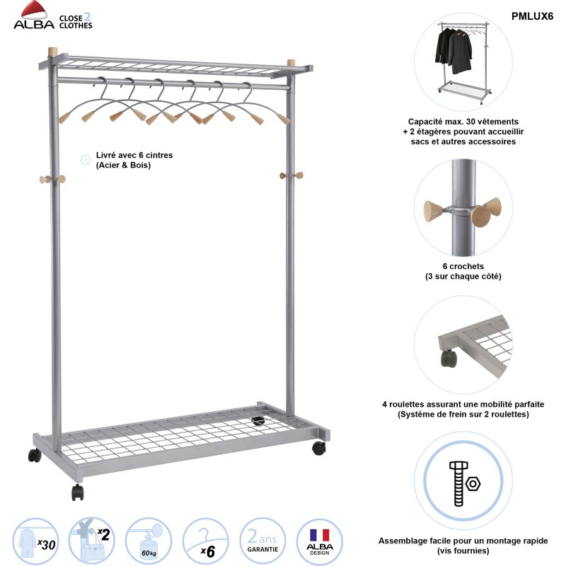 Vestiaire portant Wave avec 6 cintres