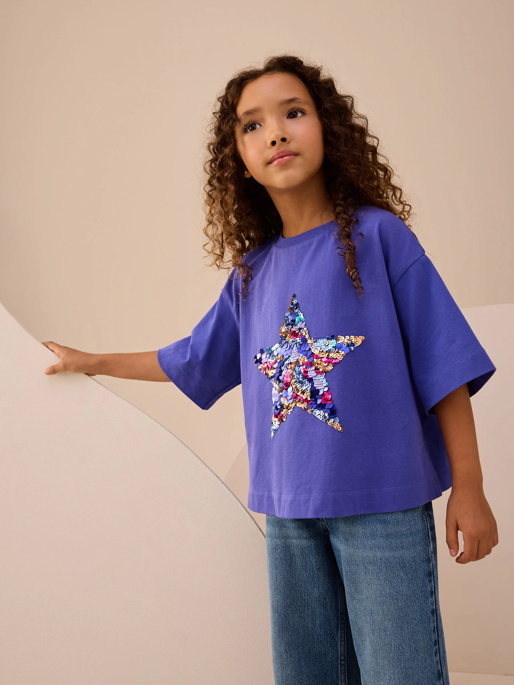 Kobaltblauw - T-shirt met sterren en pailletten (3-16jr)