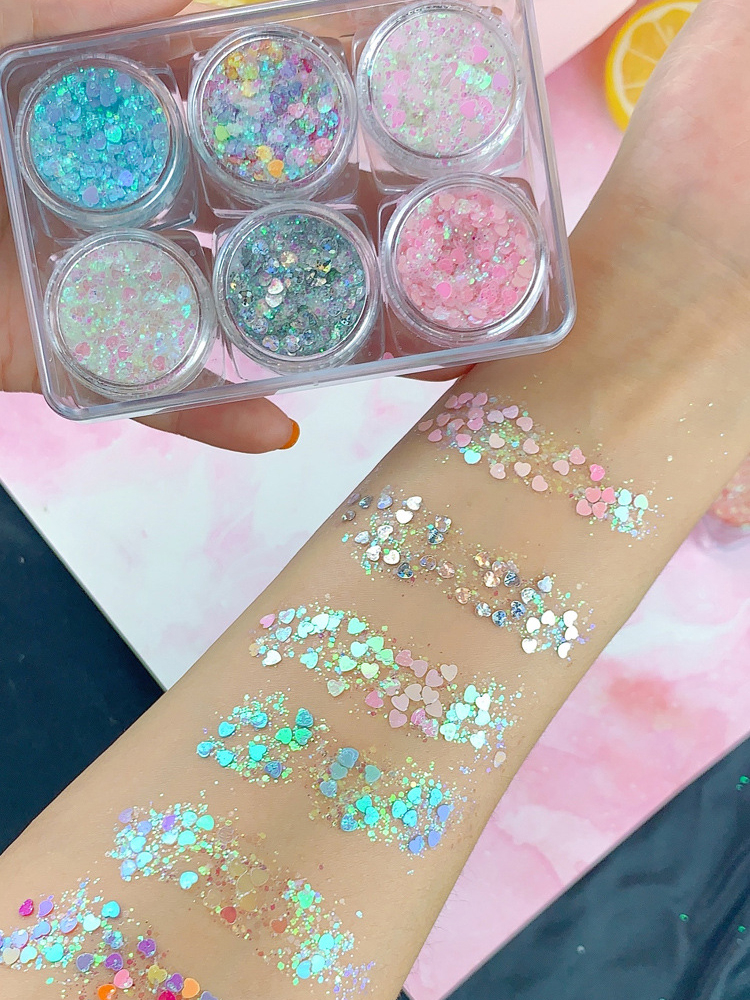 (6er Set) Holographisches Festival Gesichts- und Körper Glitzer Selbstklebende Glitter Gel Lidschatten - Style 1