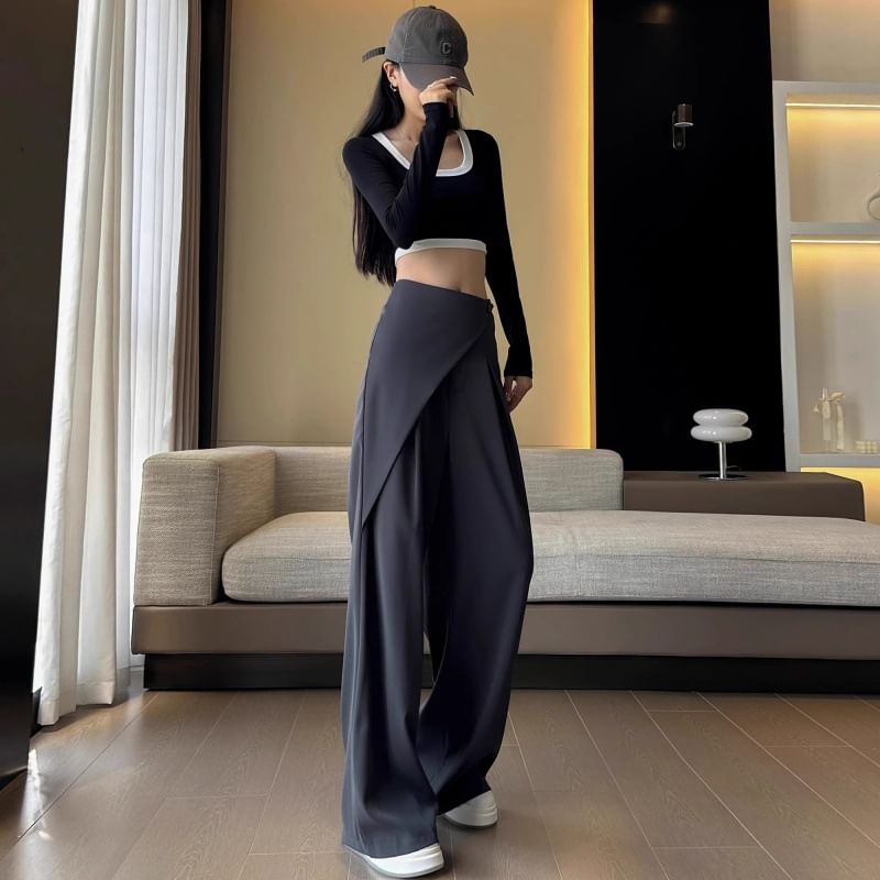Hanji - Hoge taille effen asymmetrische wijde broek