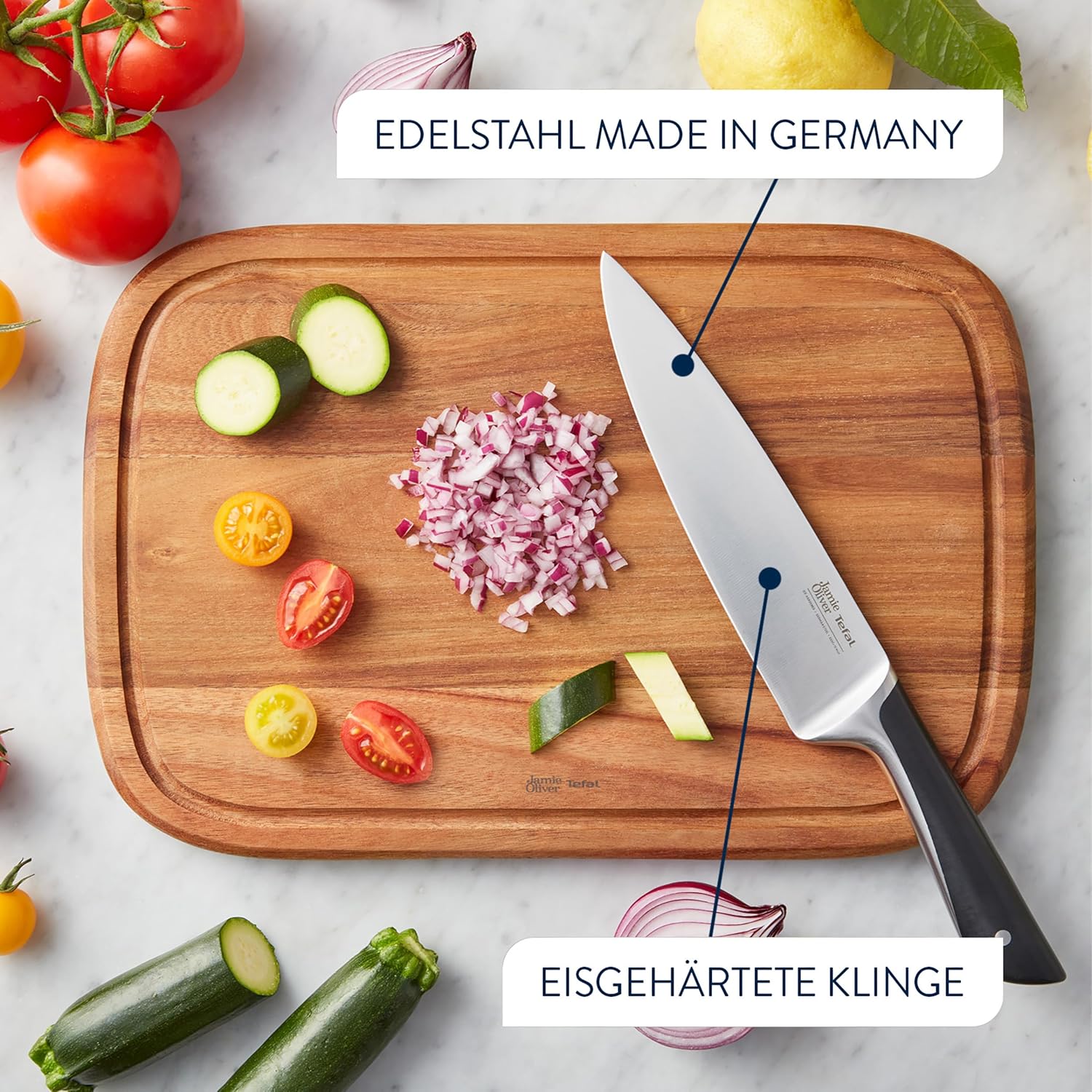 Jamie Oliver by Tefal 5-teiliges Küchenmesser-Set + Block, Koch-/Santoku-/Brot-/Universal-/Schälmesser, eisgehärtet, deutsche Edelstahlklingen, Akazienholz-Block, Braun, K267S556